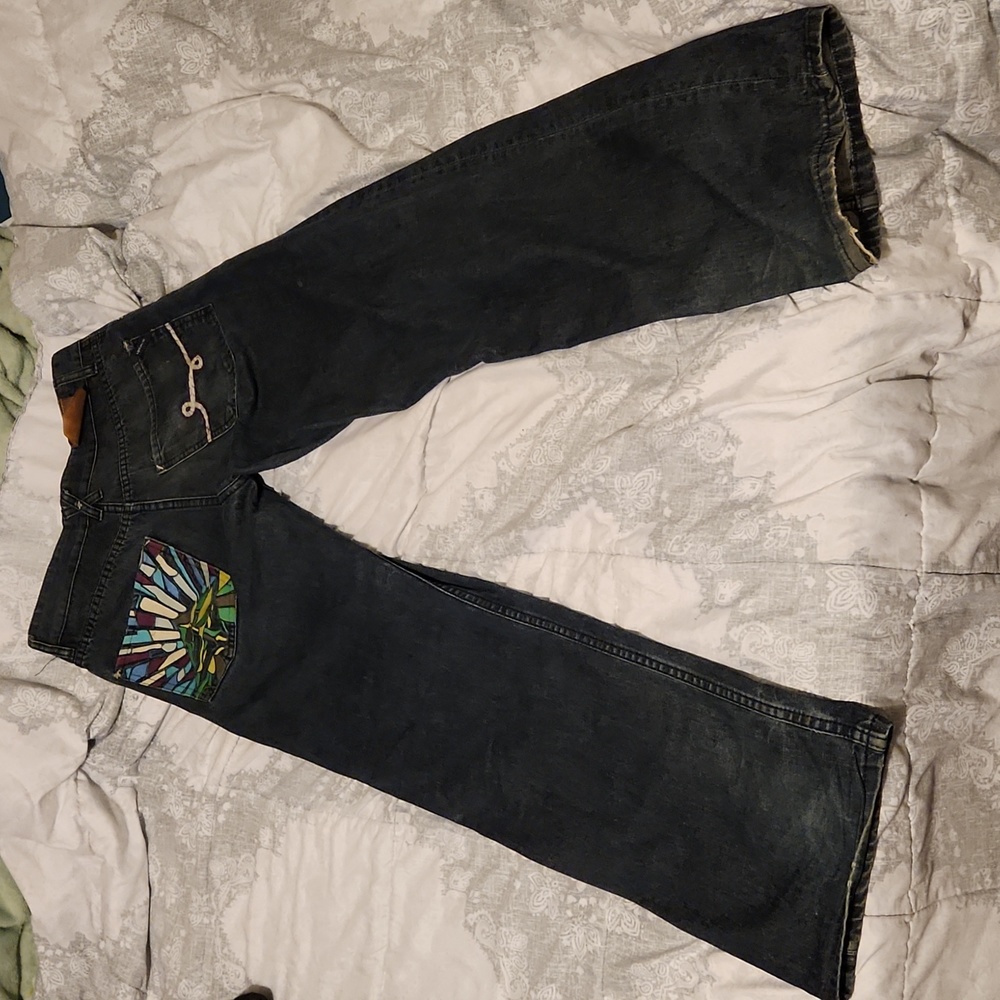 LRG Stained Glass Graphic Straight Leg Embroidered Baggy Blue Jeans Vintage Y2K